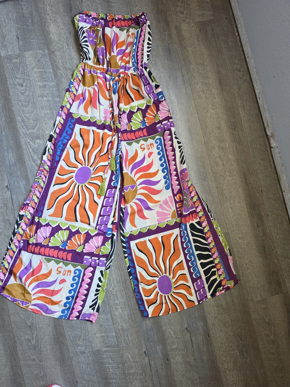 Colorful Sun-Print Wide-Leg Strapless Jumpsuit